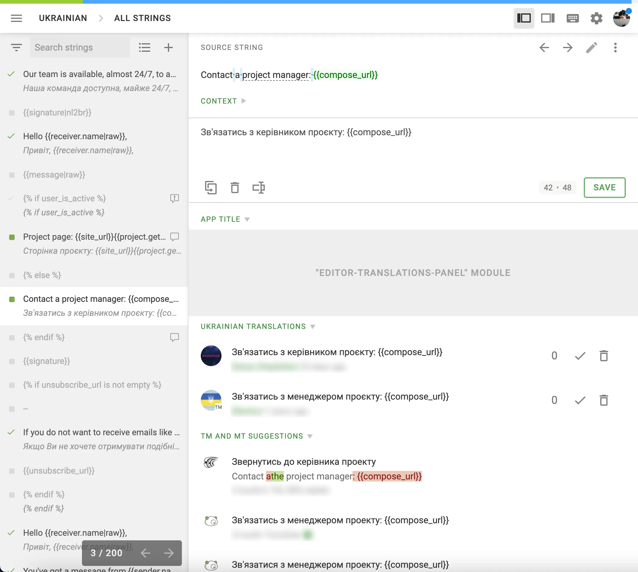 Modul für das Übersetzungspanel des Editors